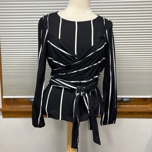 New York & Company Soho Jeans NWT Black Striped Long Sleeve Wrap Top Size XS